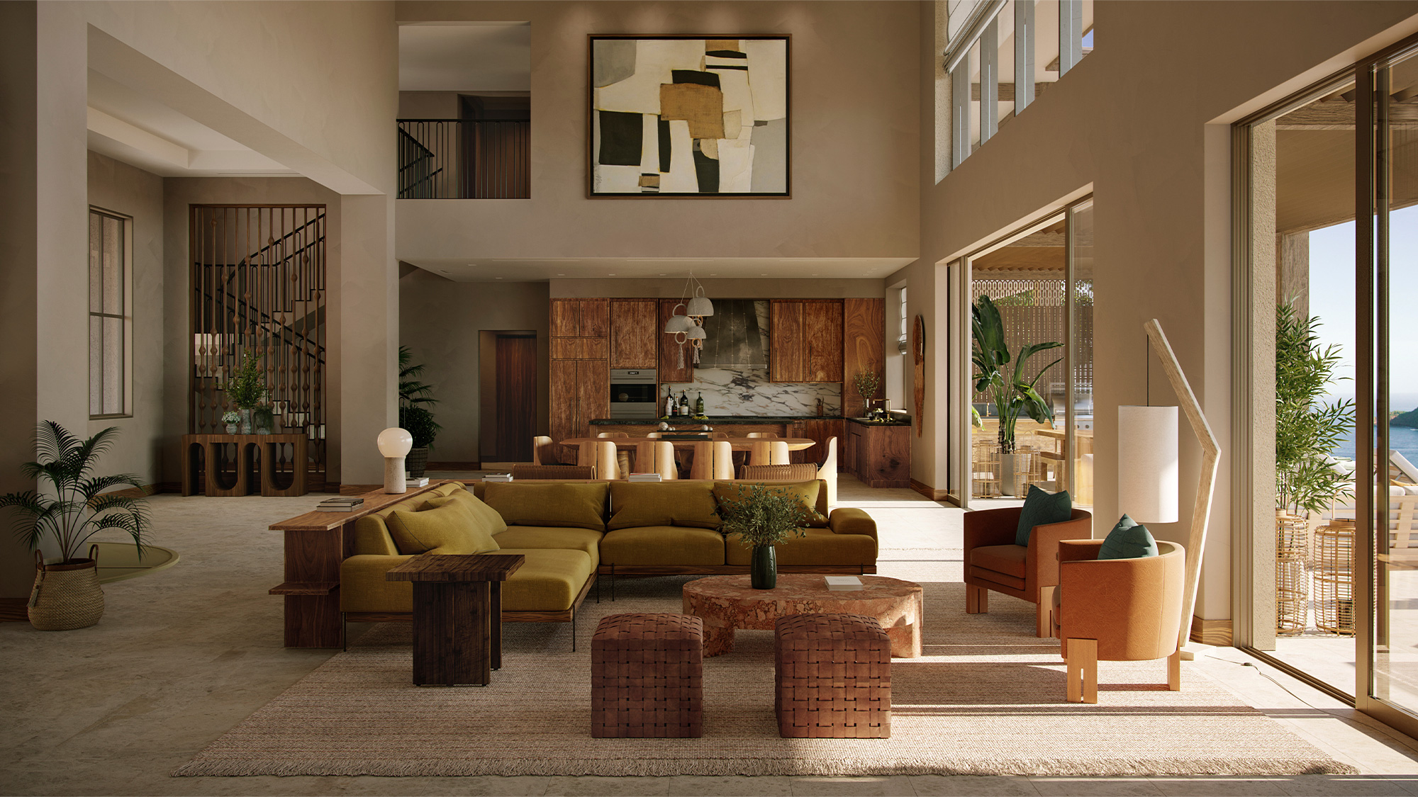 A living room with a large staircase.