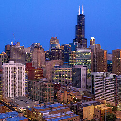 A city with tall buildings.