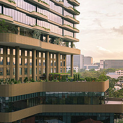 A building with a glass front.