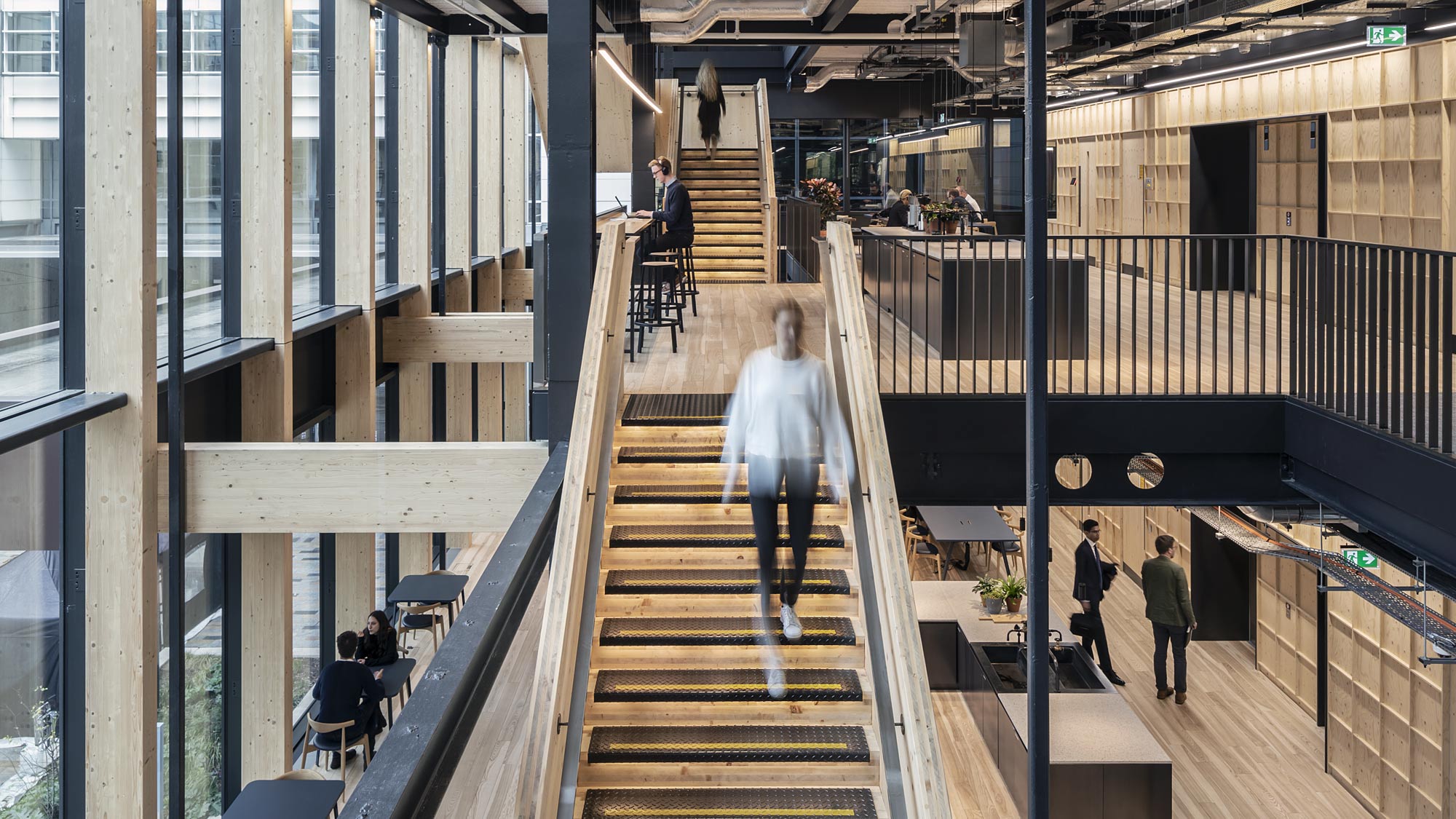 A person walking up a flight of stairs.